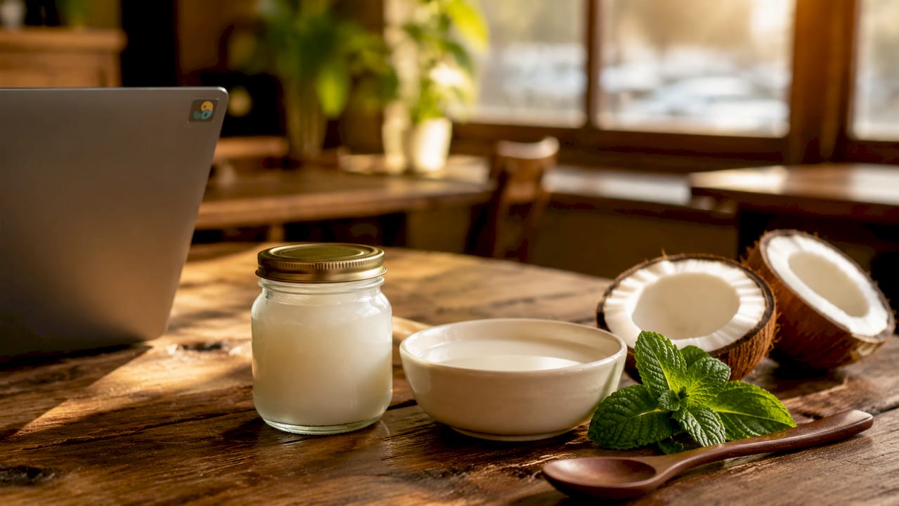 Coconut oil and mint on wooden counter