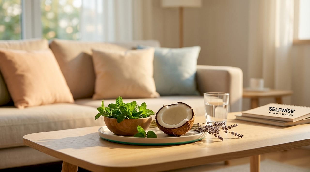 Natural ingredients on bedside table for oral health