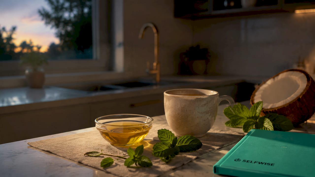 Bowl of coconut oil with mint and herbs