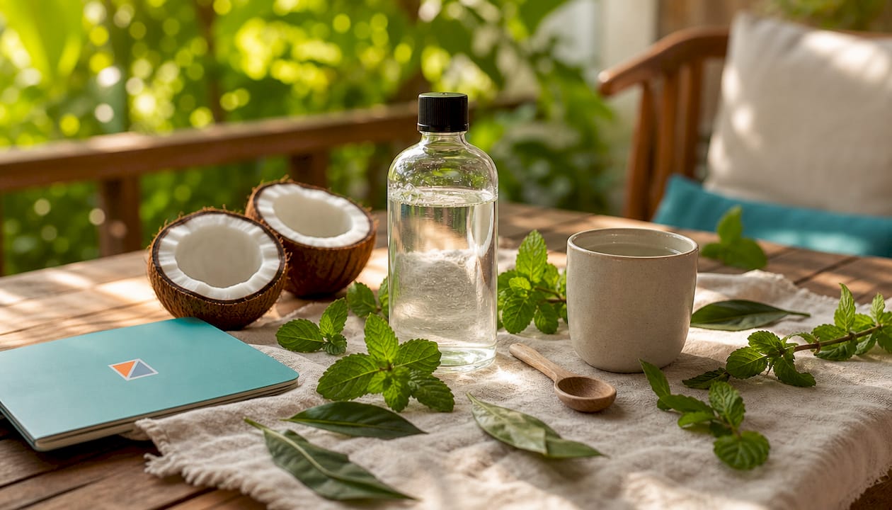 Bottle of natural antiseptic oral rinse with mint and coconut