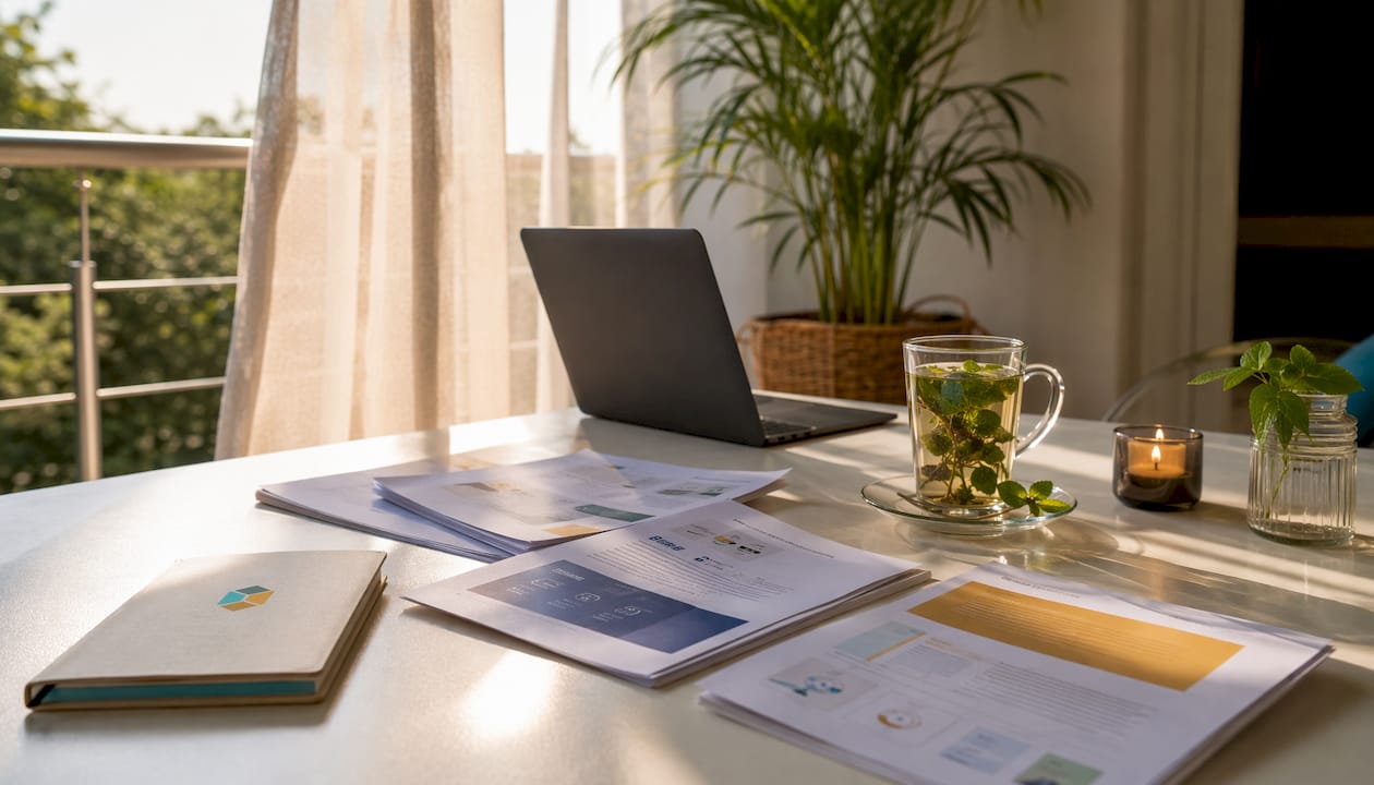 Warm natural light workspace with startup documents and plants
