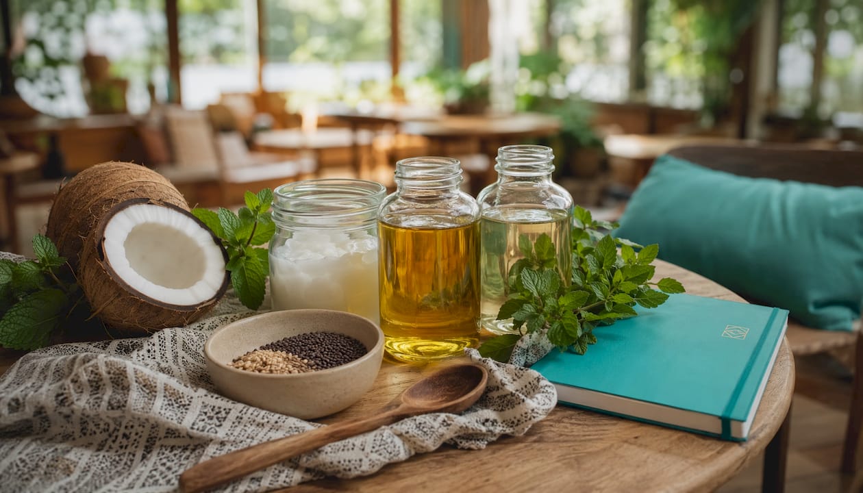 Natural oils and botanicals on wooden board