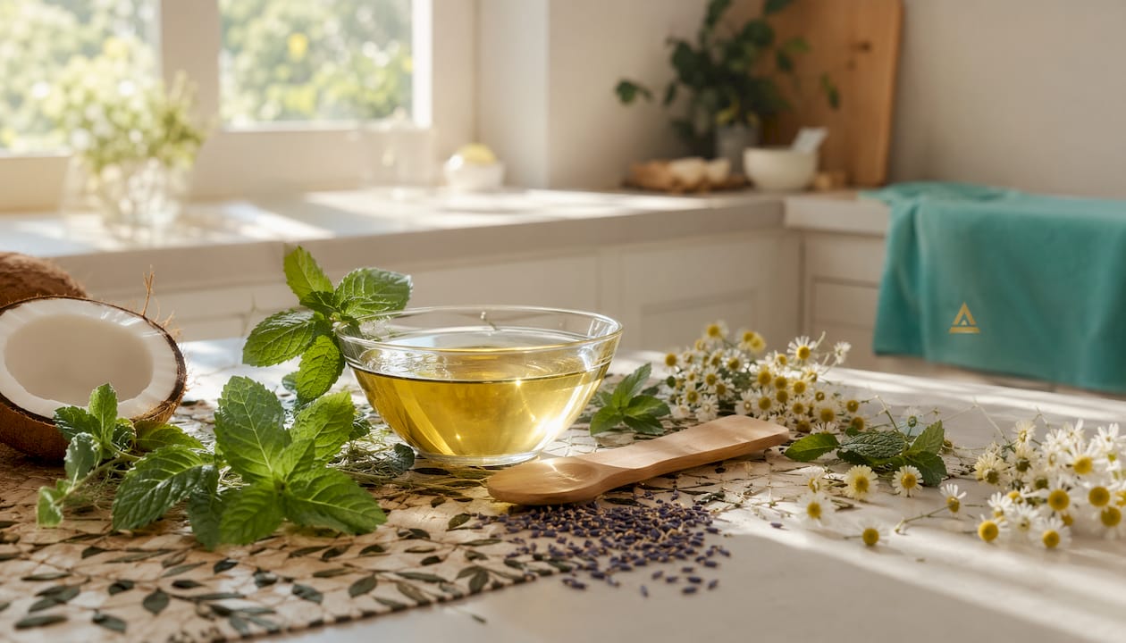 Natural ingredients for oil pulling on rustic counter