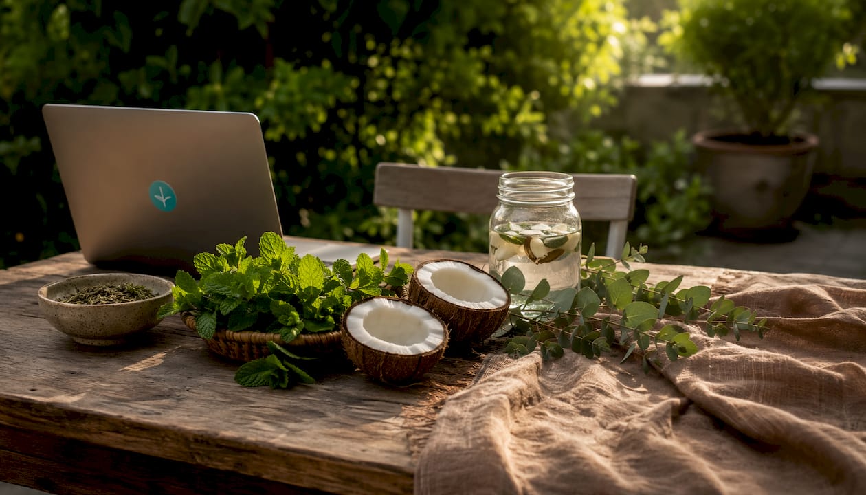 Natural ingredients on wooden table for oral health