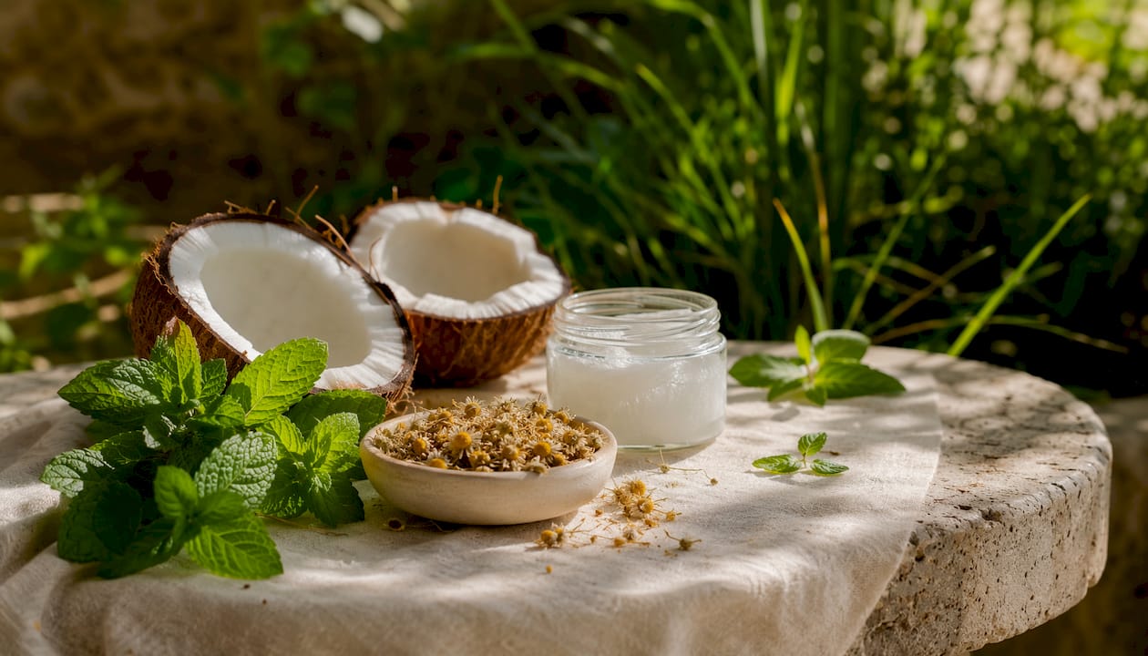 Natural toothpaste ingredients on wooden table