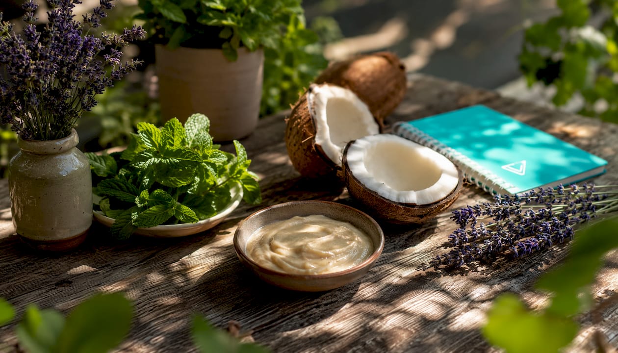 Natural fluoride-free oral care ingredients in rustic setting