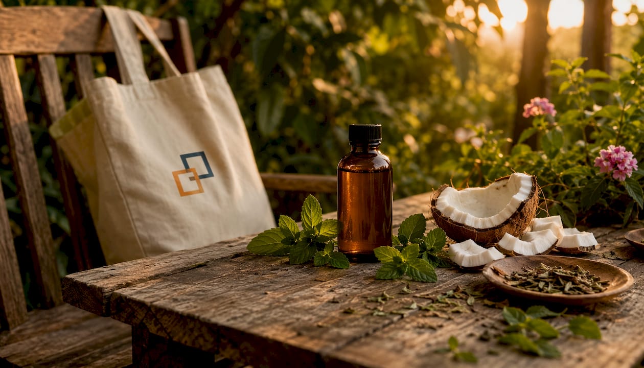 Amber glass bottle with mint and coconut on wooden countertop