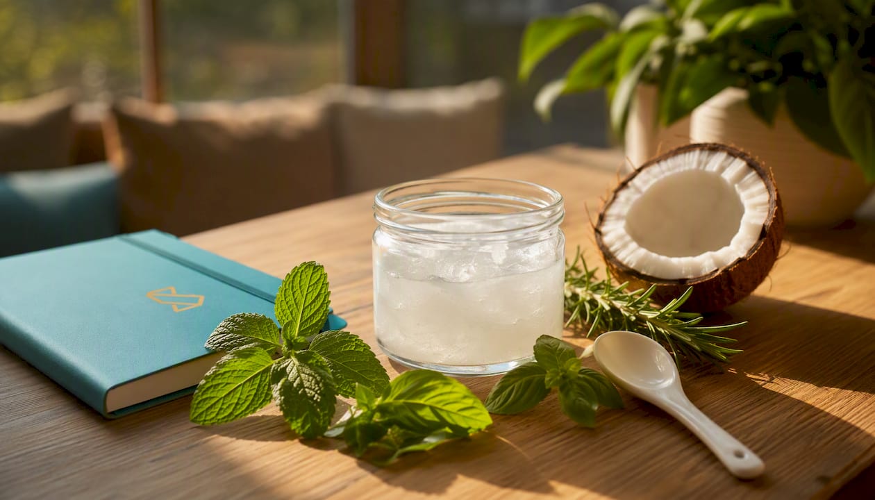Natural ingredients for morning oil pulling on kitchen table