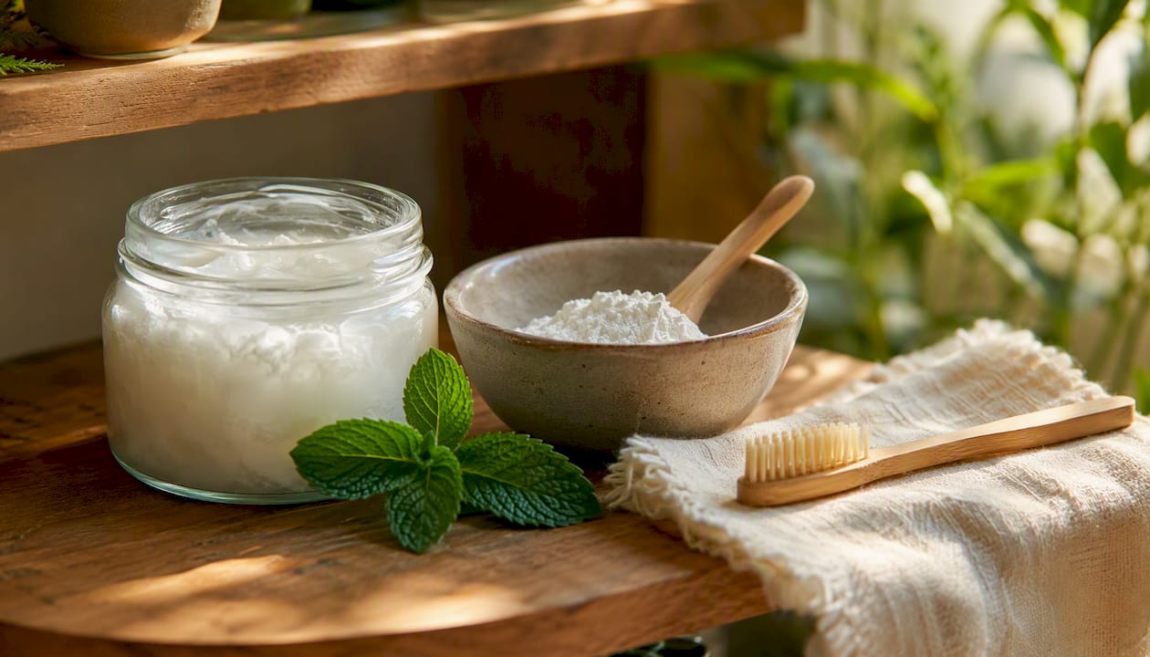 Natural oral care ingredients and toothbrush on shelf