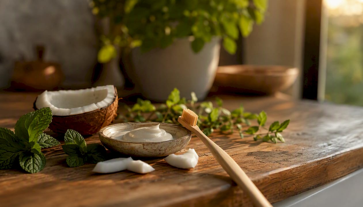 Toothbrush and natural toothpaste with botanicals