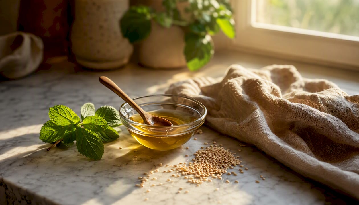 Bowl of sesame oil with seeds and mint on wood