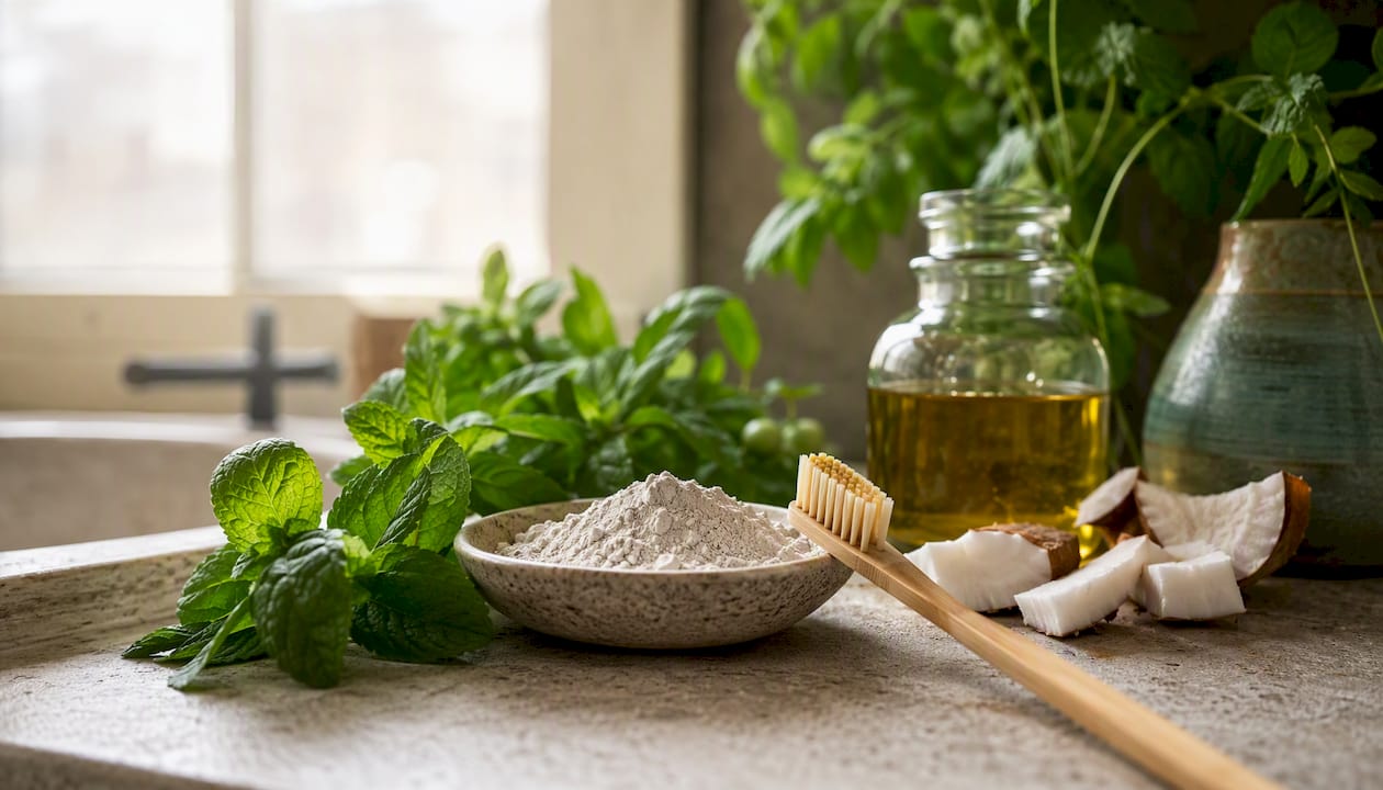 Close-up of natural toothpaste ingredients and toothbrush