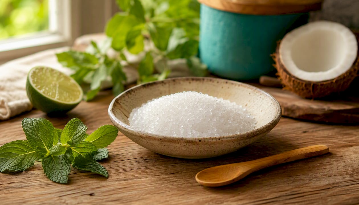 Bowl of xylitol crystals with fresh mint and coconut
