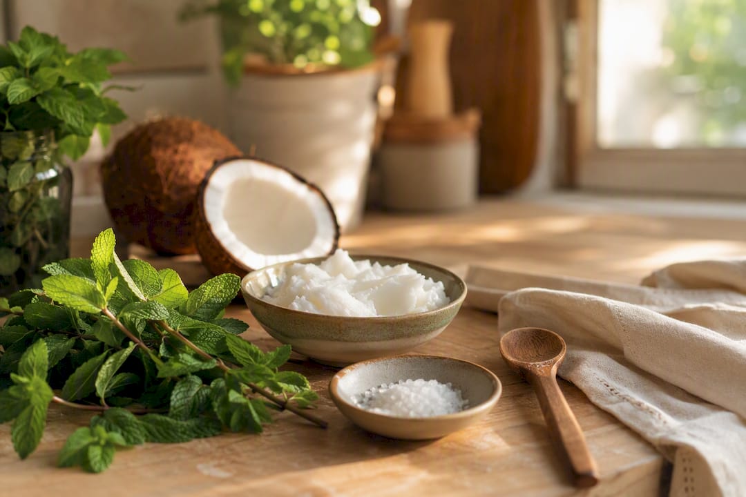 Bowl of natural toothpaste ingredients on wood