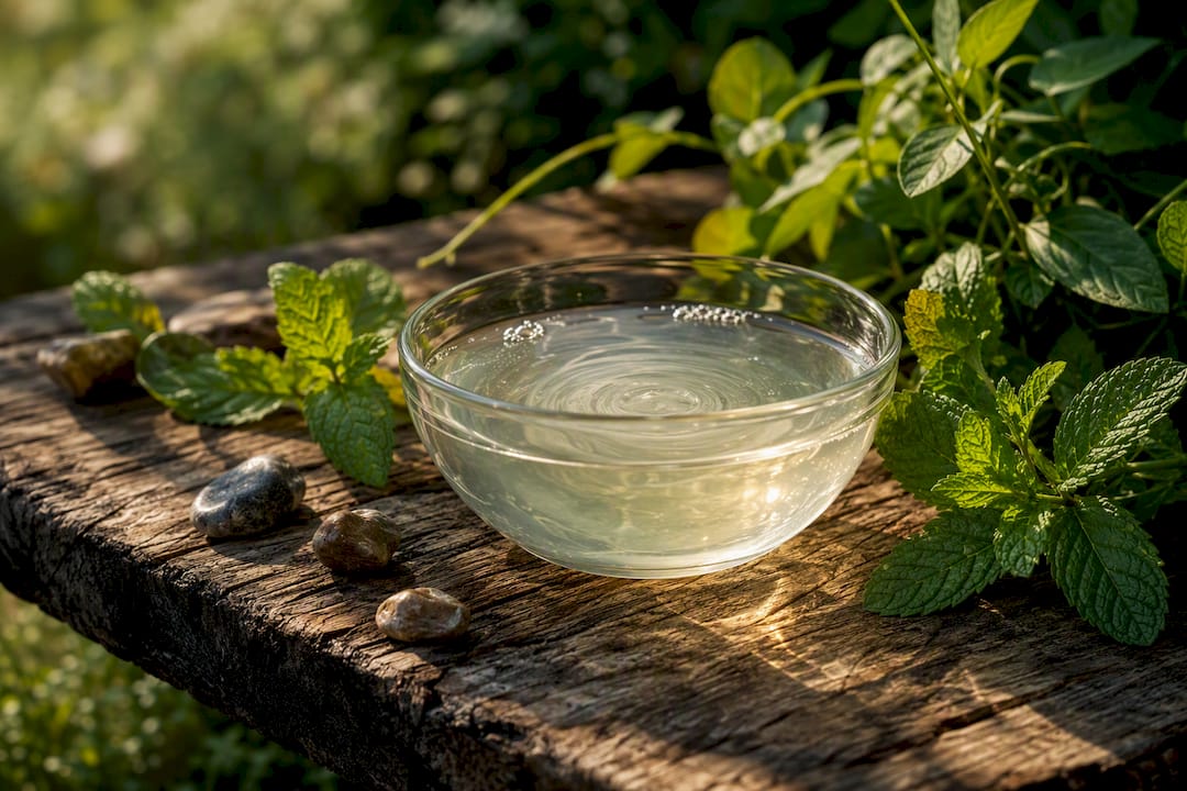 Natural ingredients beside mouthwash bowl on wood