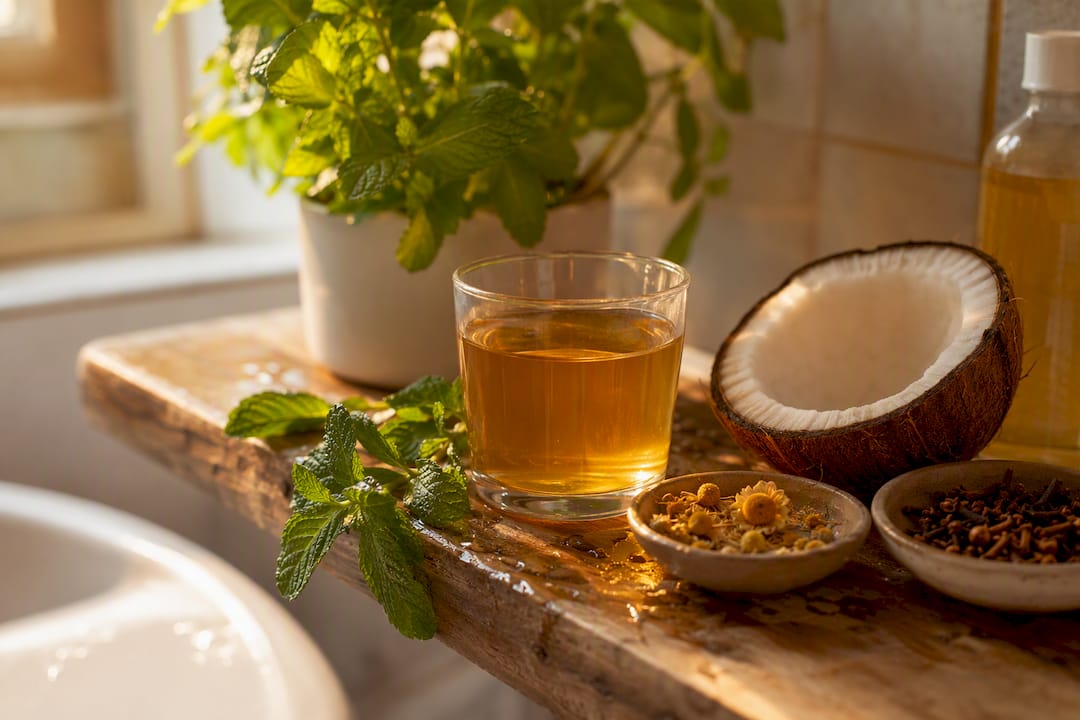 Pouring natural mouthwash with fresh botanicals