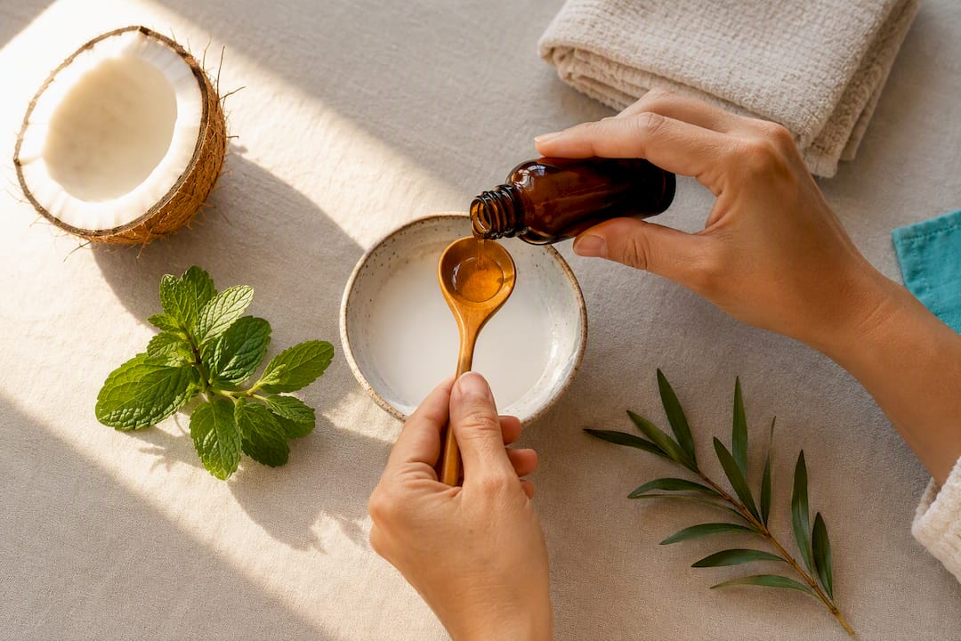 Hands diluting castor oil with coconut oil
