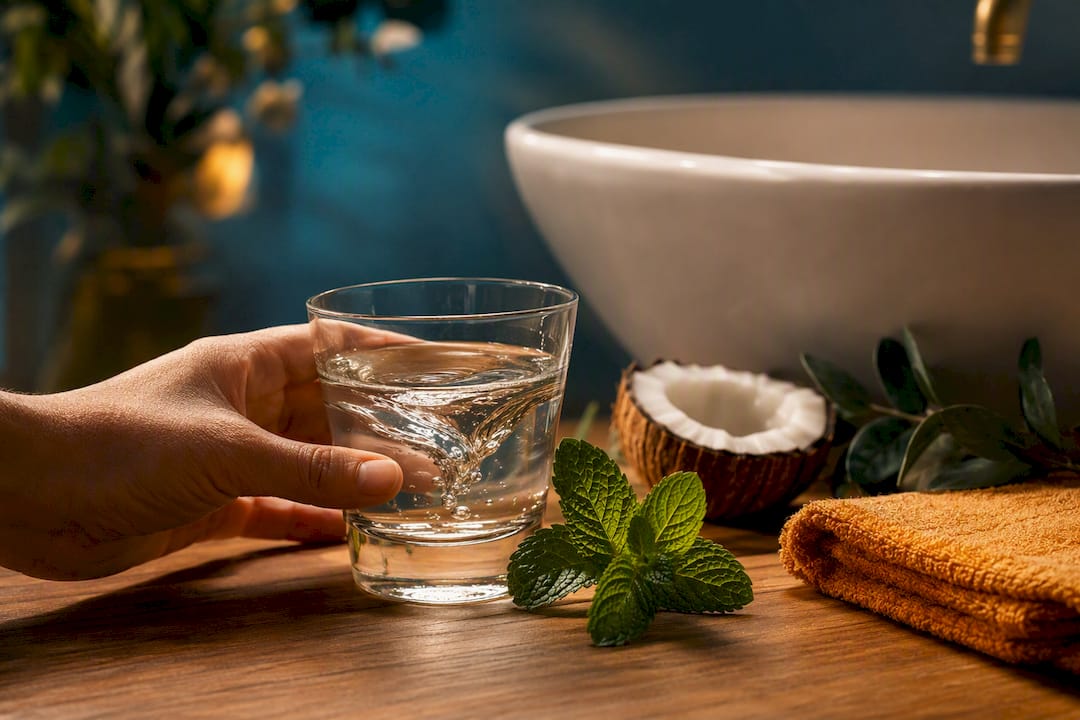 Clear mouthwash rinse with mint and coconut