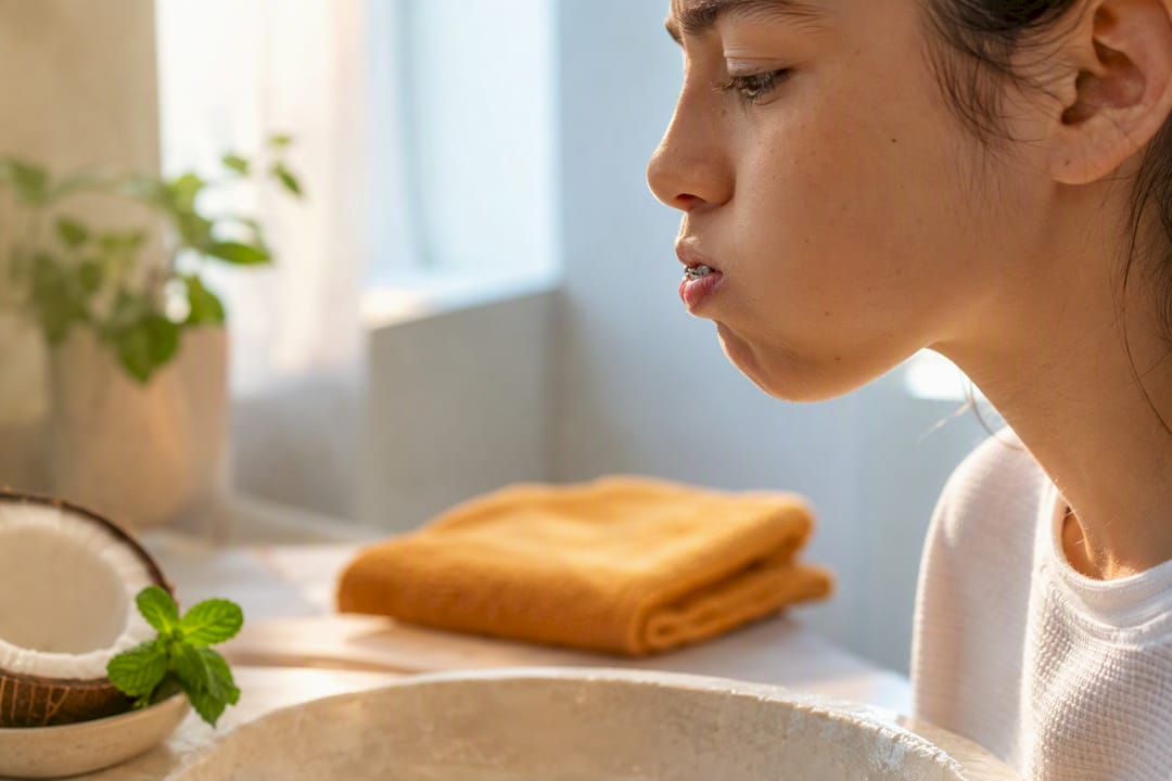 Person gently oil pulling with braces