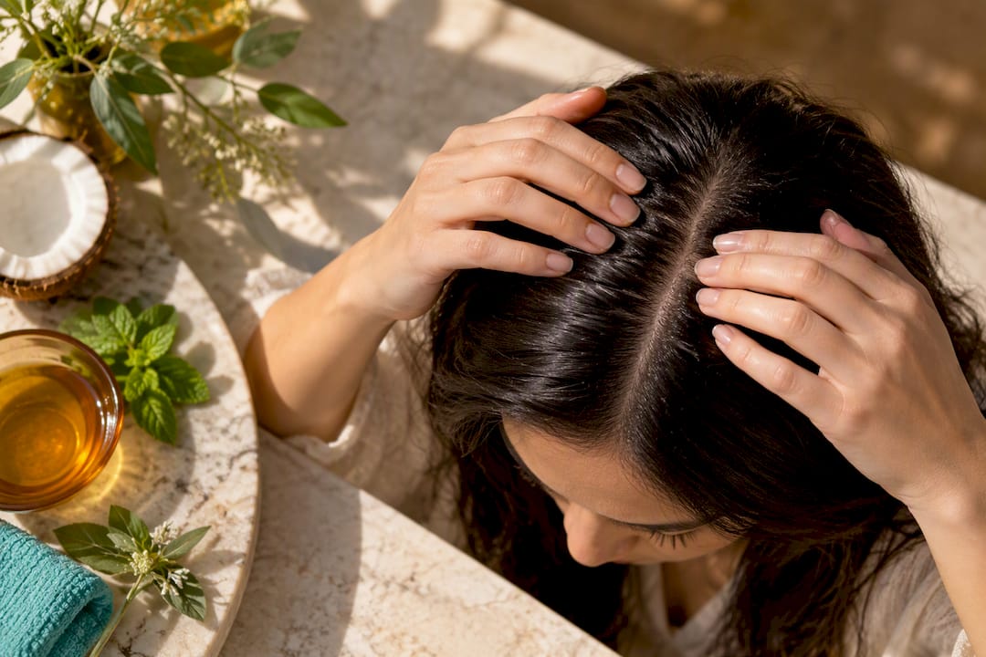 Hands applying natural oil blend to hair