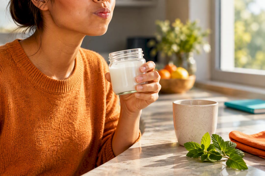 Adult practicing oil pulling with coconut oil