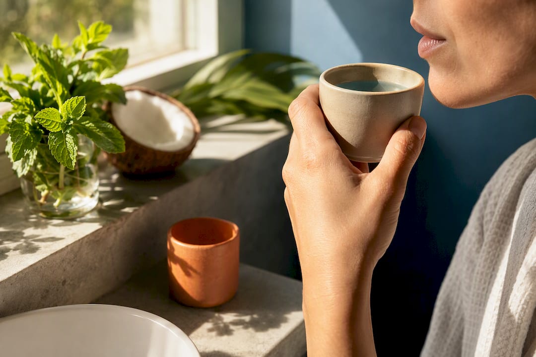 Adult using mouthwash beside mint and coconut