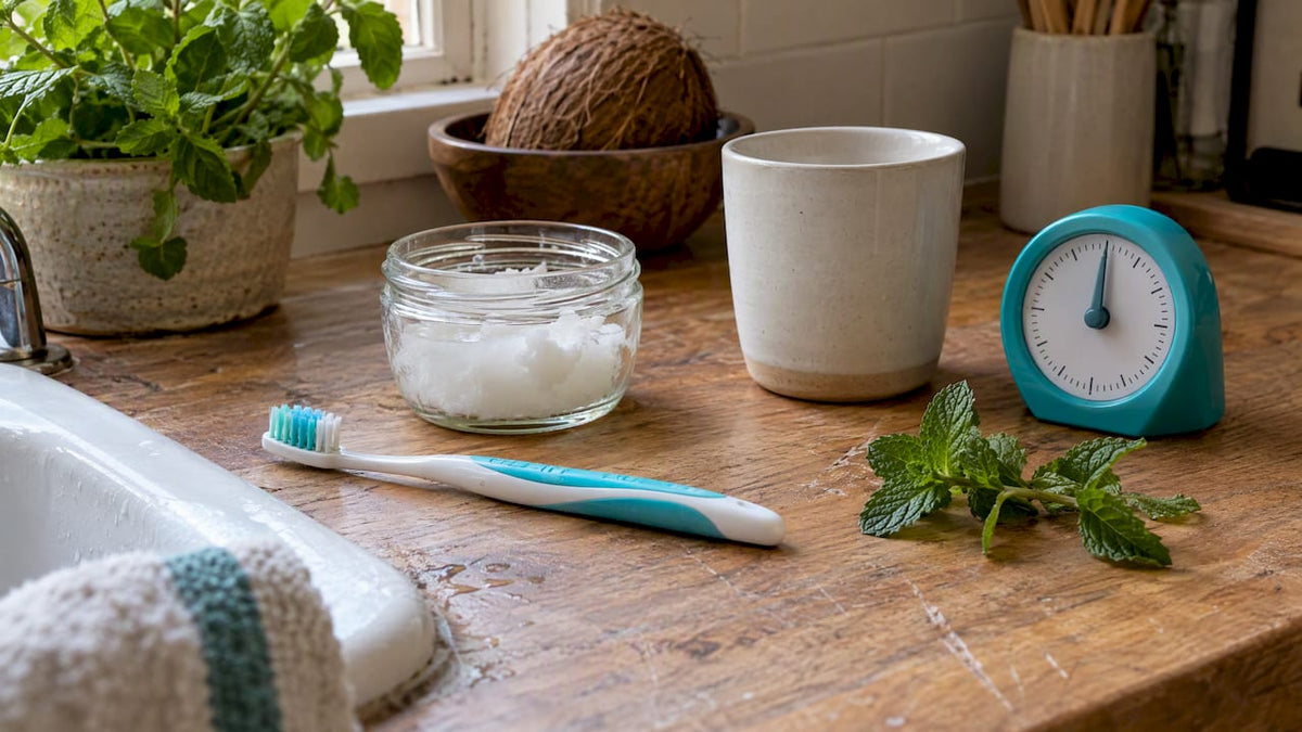 Toothbrush, coconut oil, and timer for oral care