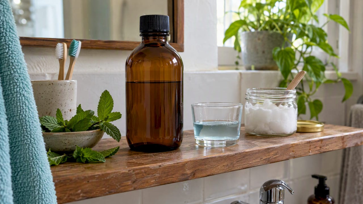 Amber mouthwash bottle beside mint and rinse glass