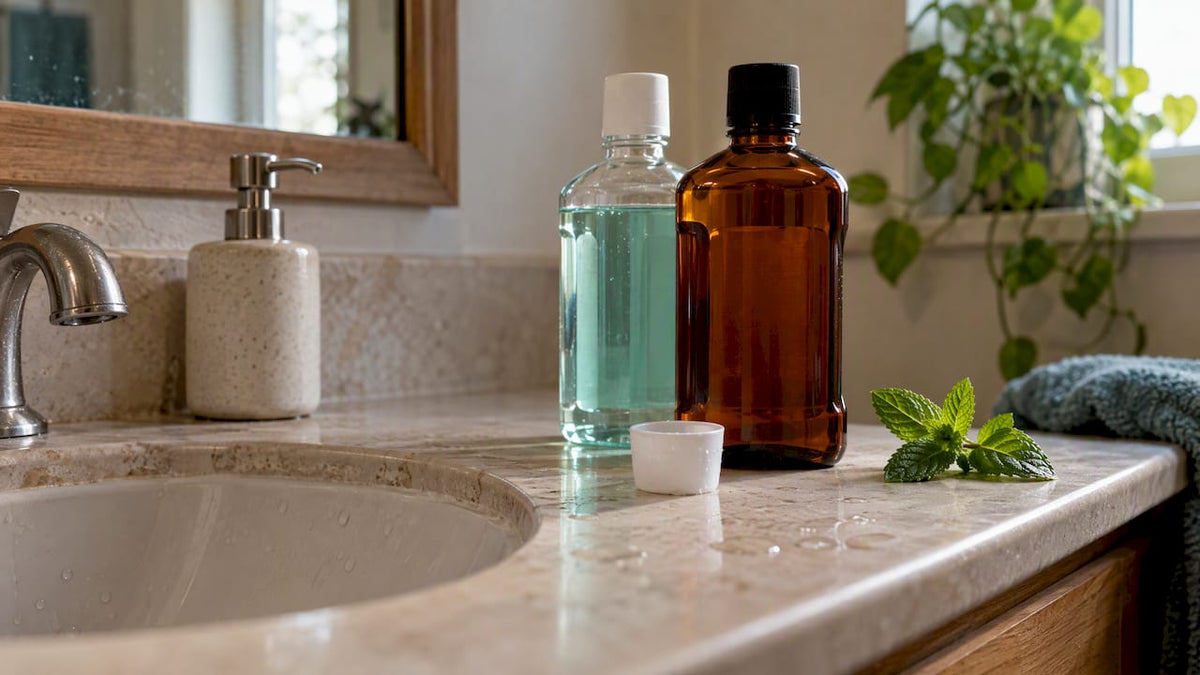 Two mouthwash bottles beside a mint sprig