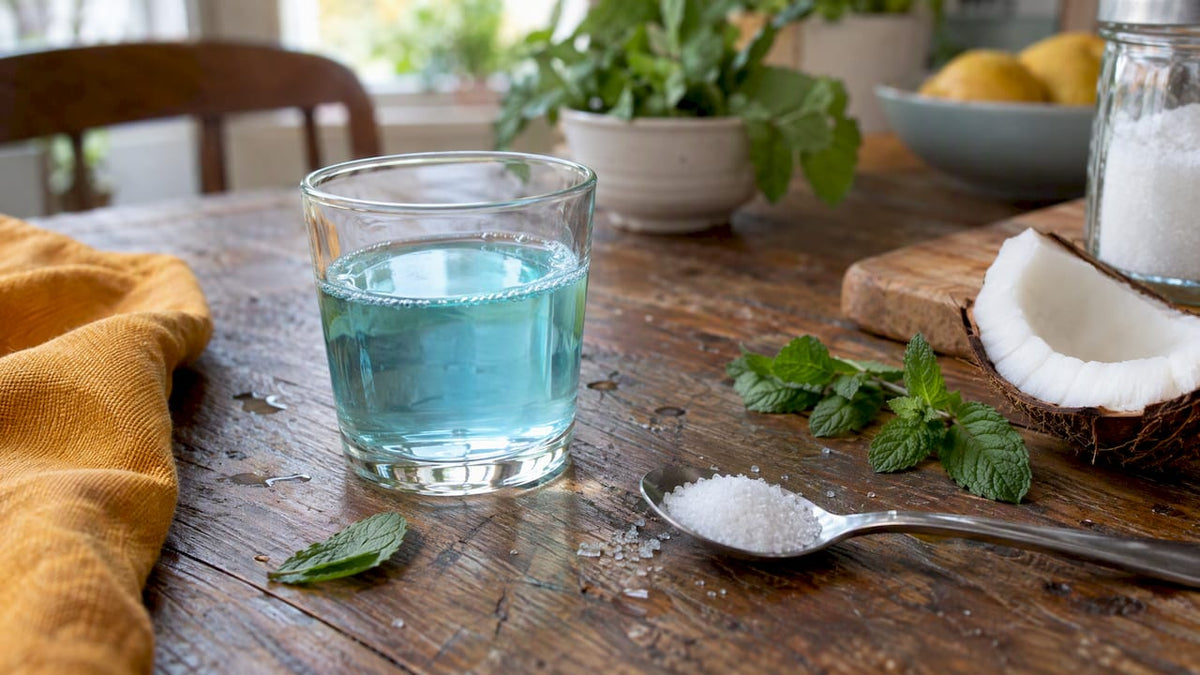 Xylitol rinse beside measured crystals and mint