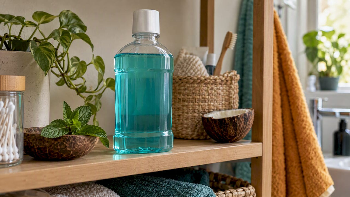 Mouthwash bottle stored beside mint and coconut