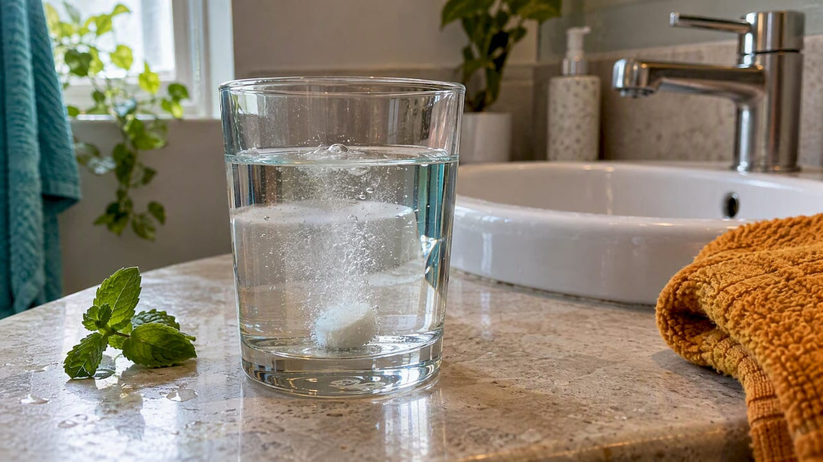 Mouthwash tablet dissolving beside fresh mint
