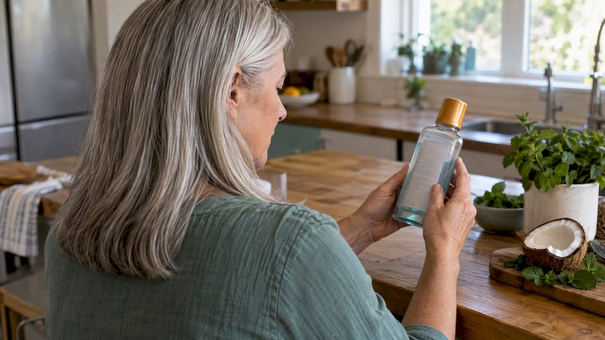 Woman checking mouthwash ingredients beside mint and coconut
