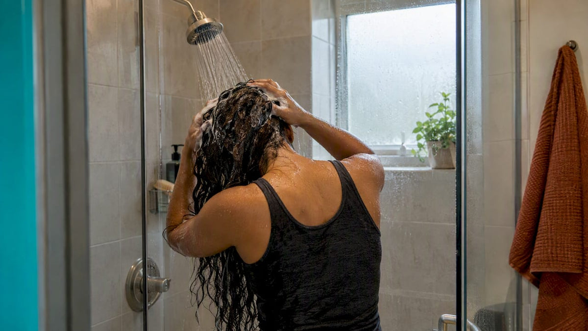 Woman rinsing castor oil from her hair