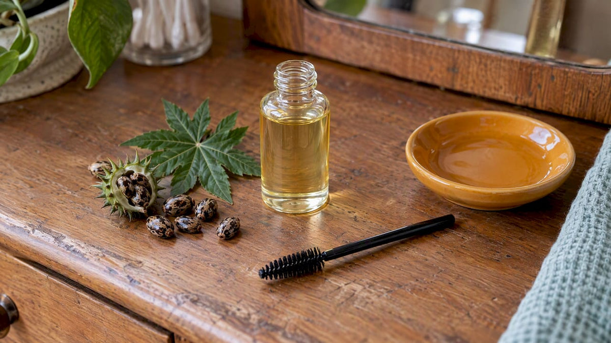 Castor oil beside a clean lash spoolie