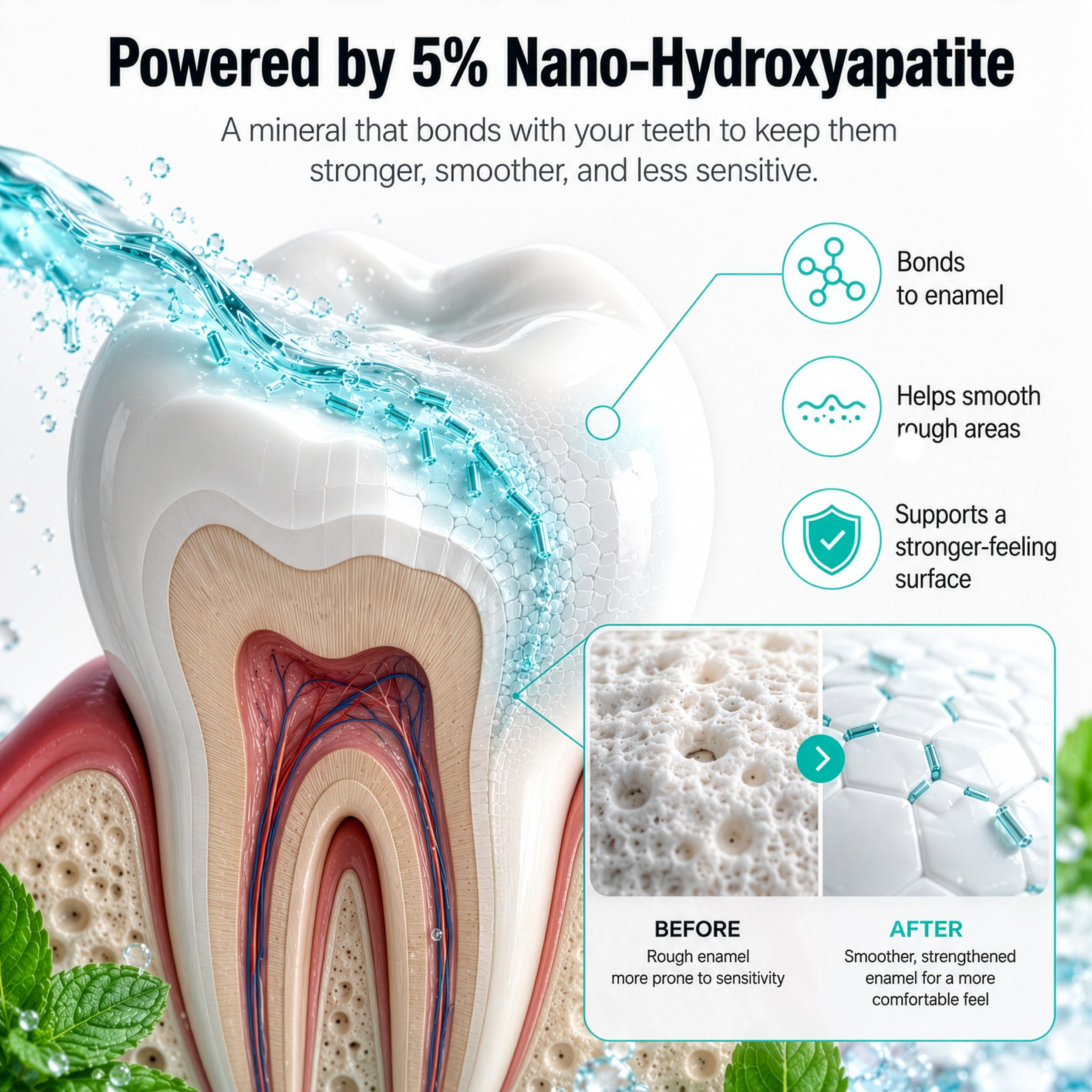 Nano hydroxyapatite tooth enamel infographic for SELFWISE xylitol mouthwash