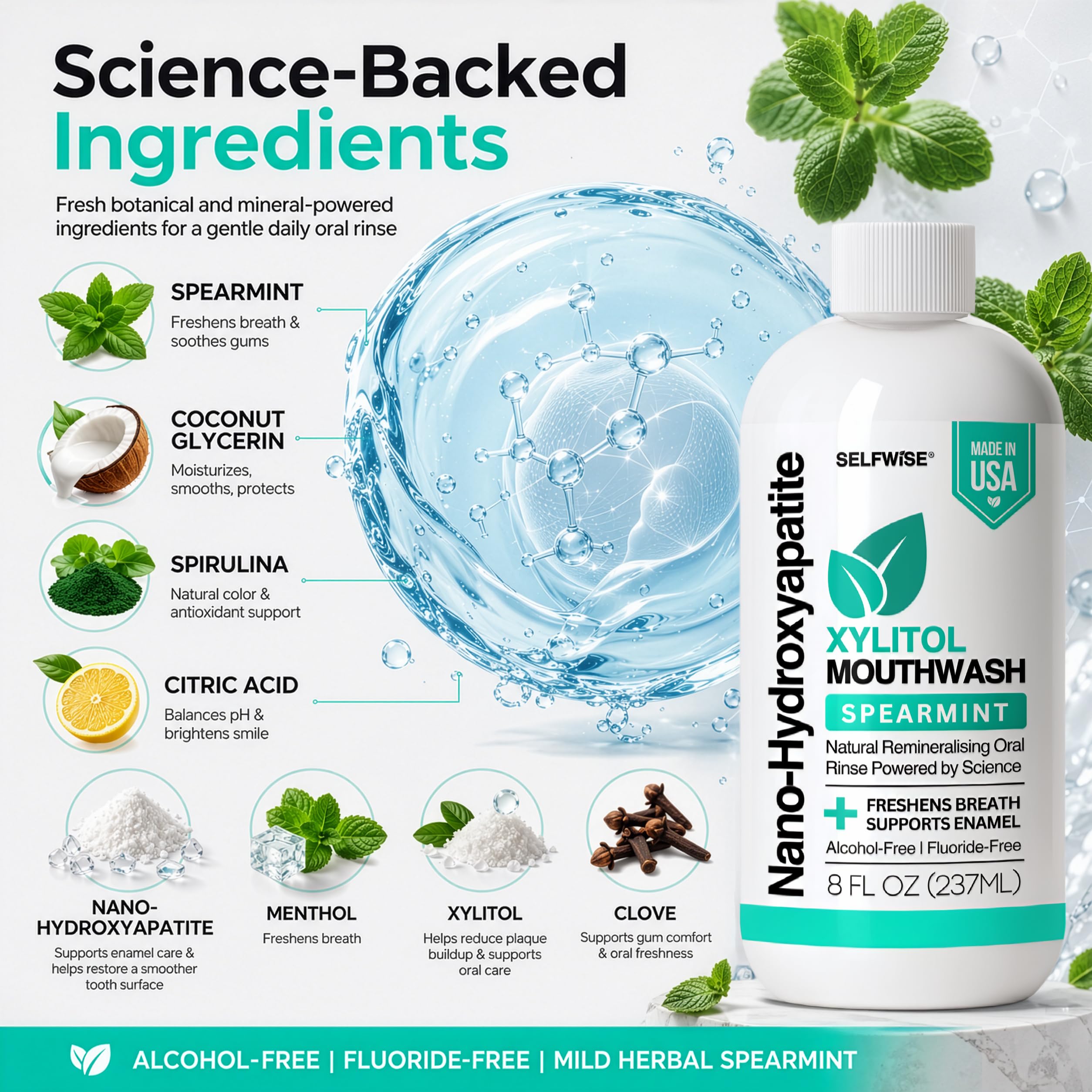 SELFWISE 8 oz xylitol mouthwash science-backed ingredient infographic