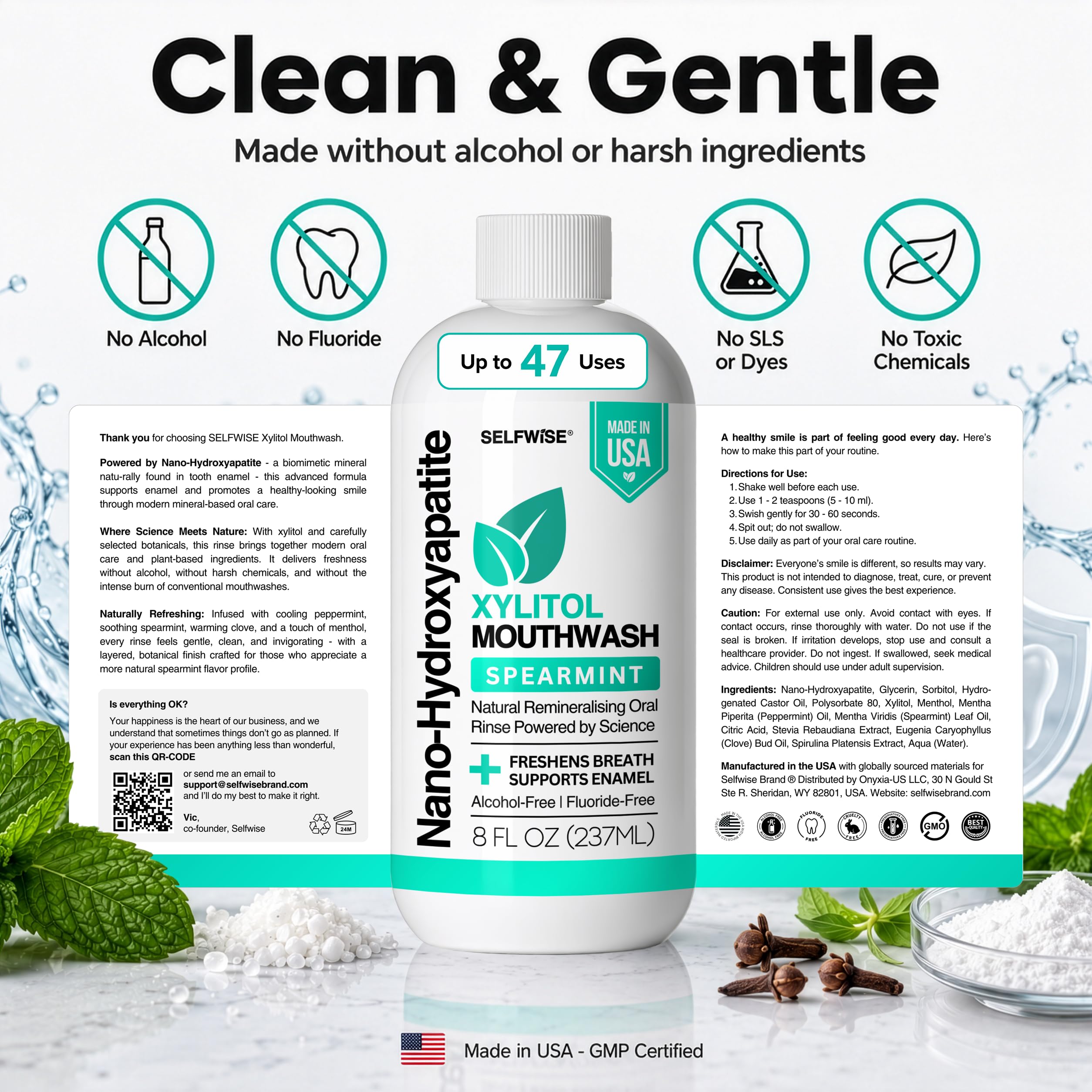 SELFWISE 8 oz xylitol mouthwash clean and gentle formula and directions