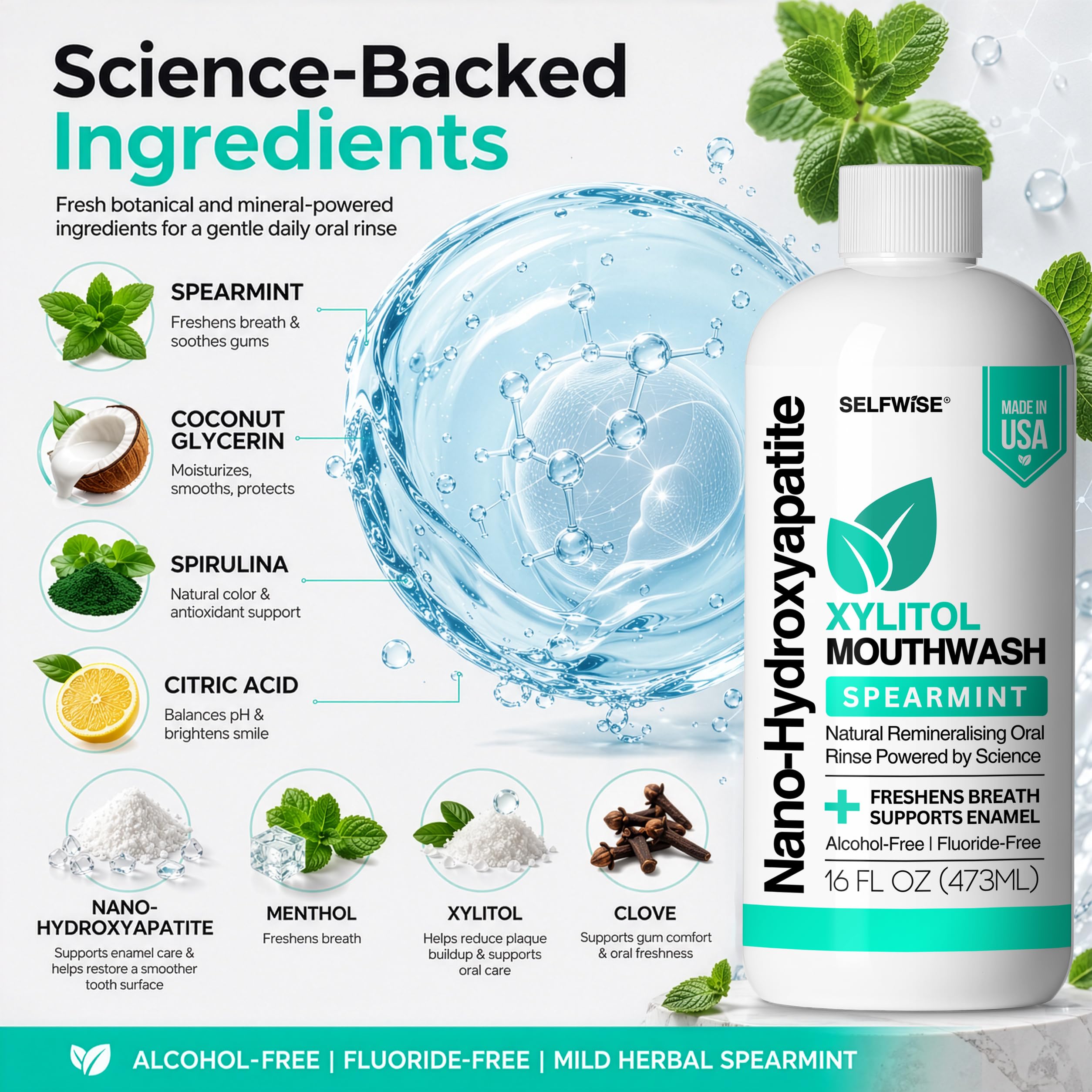 SELFWISE 16 oz xylitol mouthwash science-backed ingredient infographic