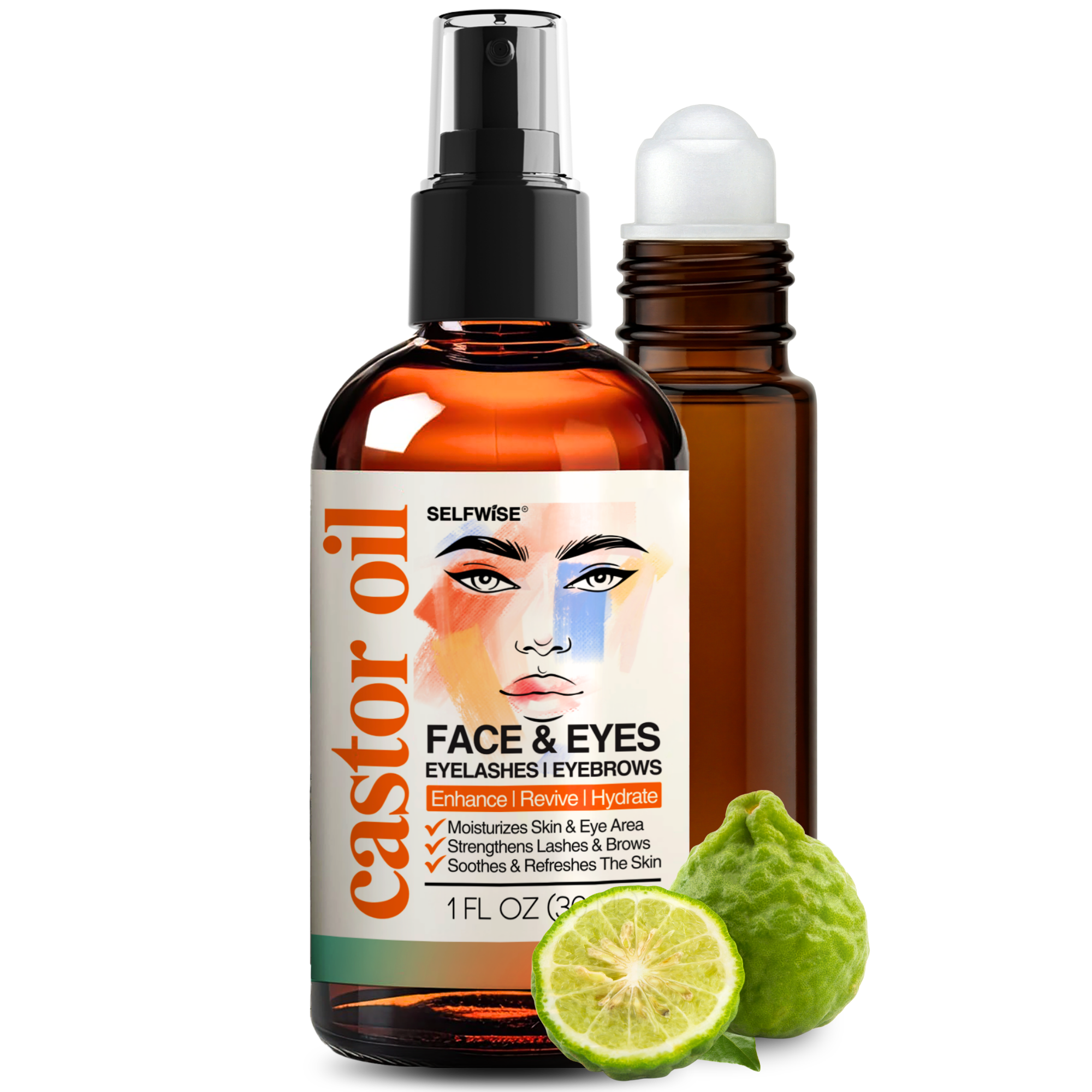 Organic Castor Oil for Face with Roller - Pump & Roller Set for Brows, Lashes & Under - Eye - Facial Oil - Selfwise