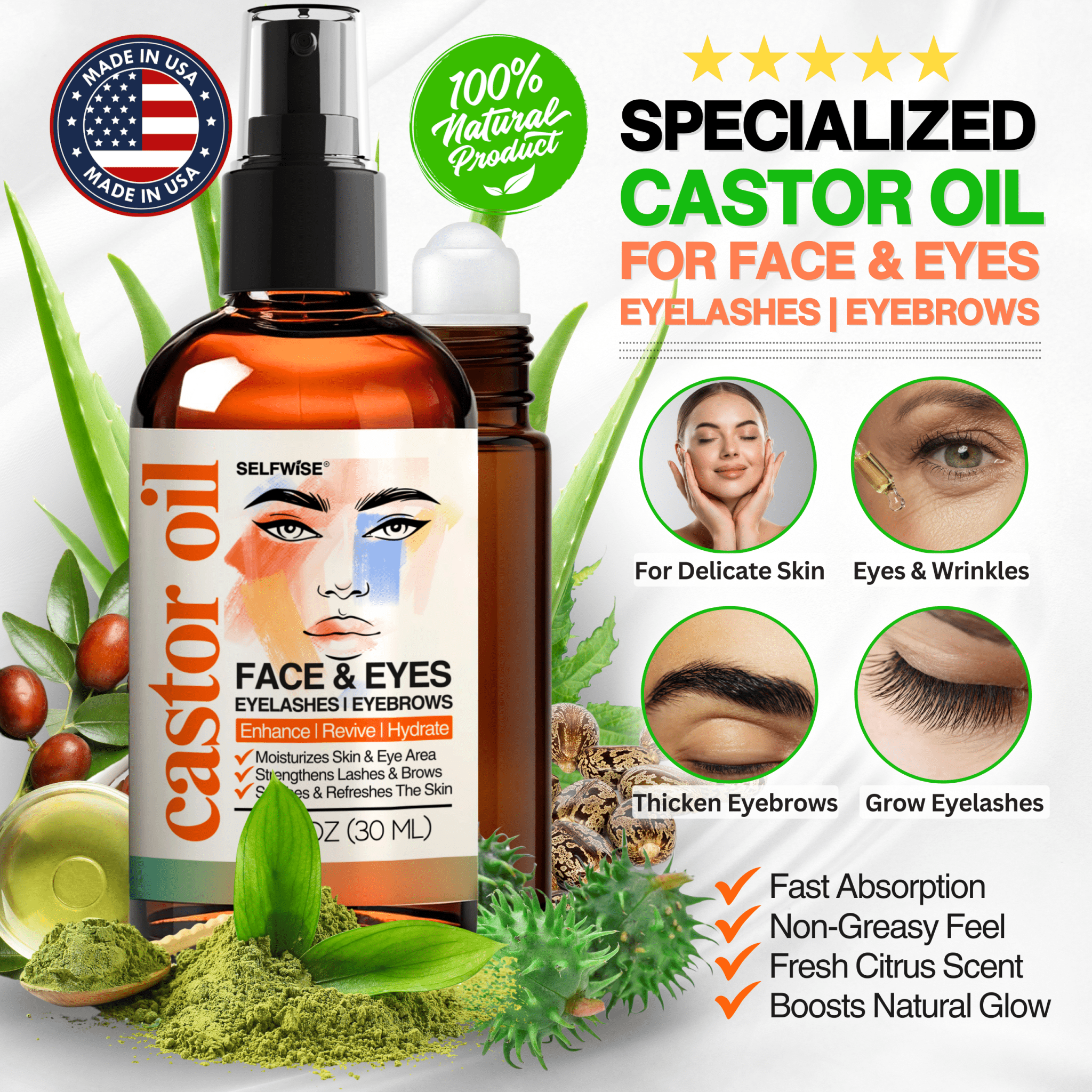 Organic Castor Oil for Face with Roller - Pump & Roller Set for Brows, Lashes & Under - Eye - Facial Oil - Selfwise