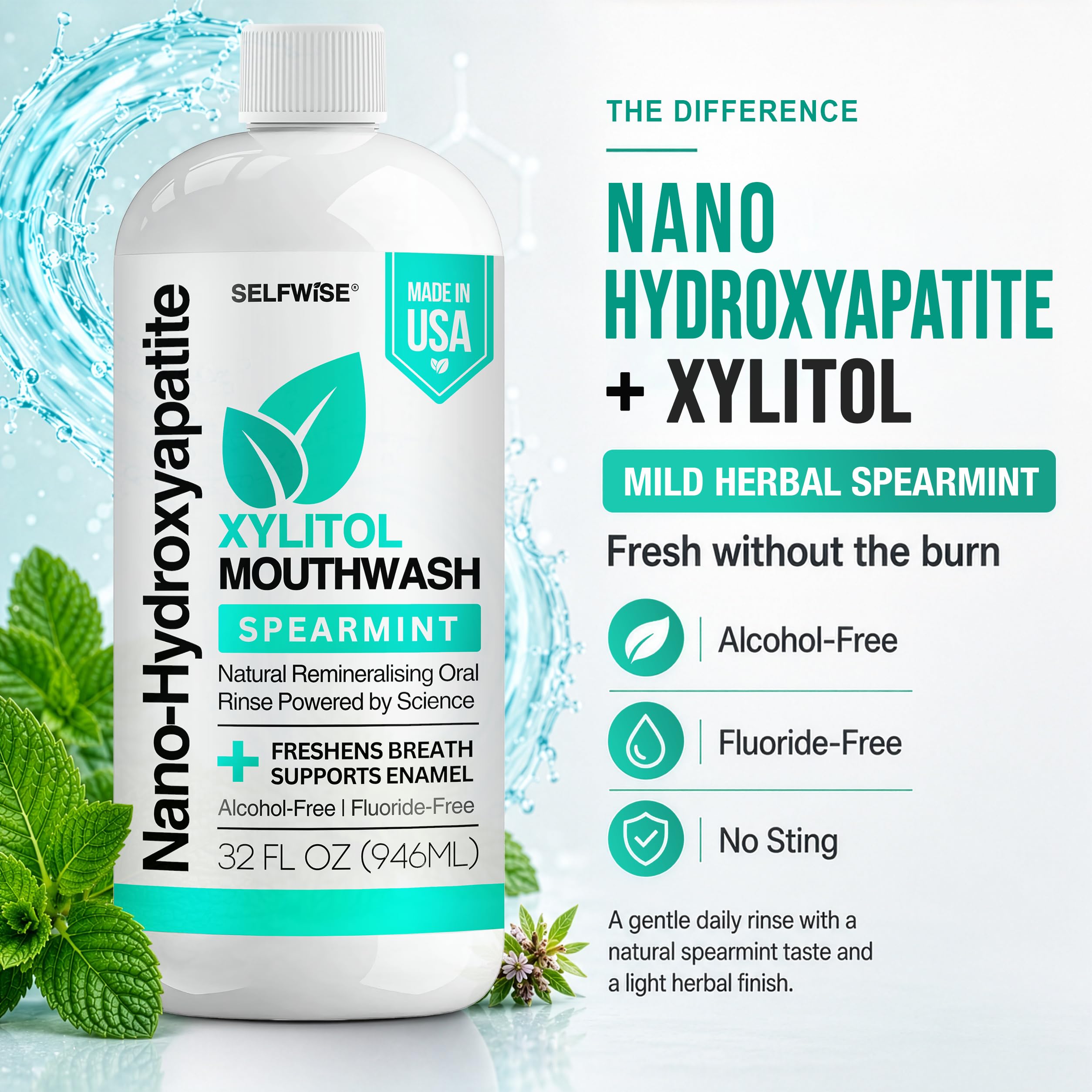 SELFWISE 32 oz xylitol mouthwash with nano hydroxyapatite and mild herbal spearmint