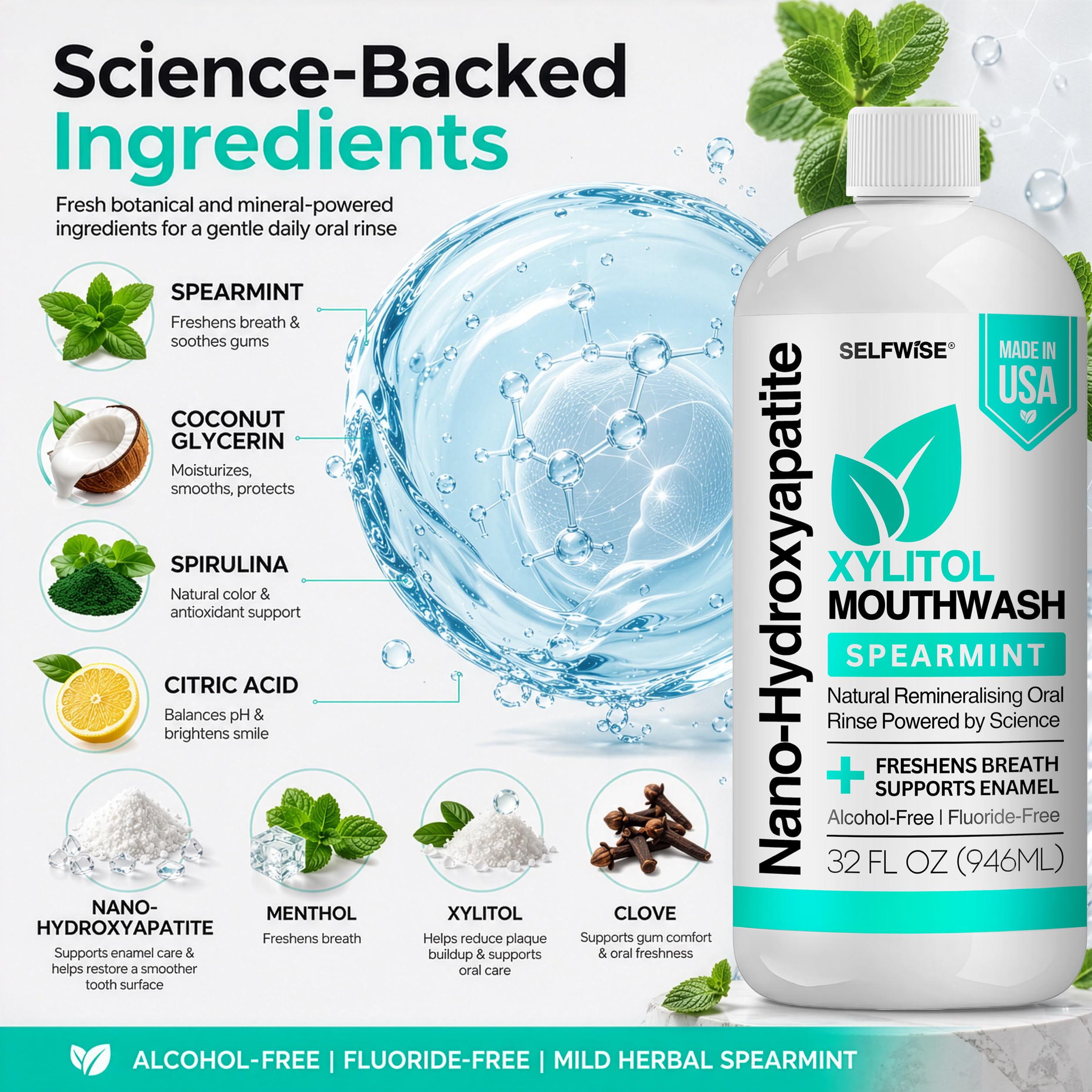 SELFWISE 32 oz xylitol mouthwash science-backed ingredient infographic