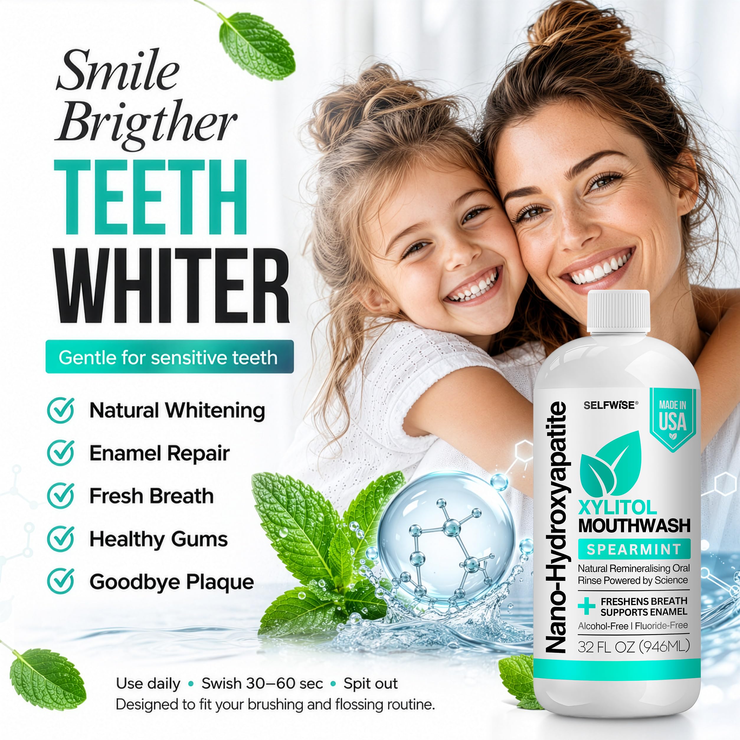 SELFWISE 32 oz xylitol mouthwash lifestyle and oral care benefit graphic