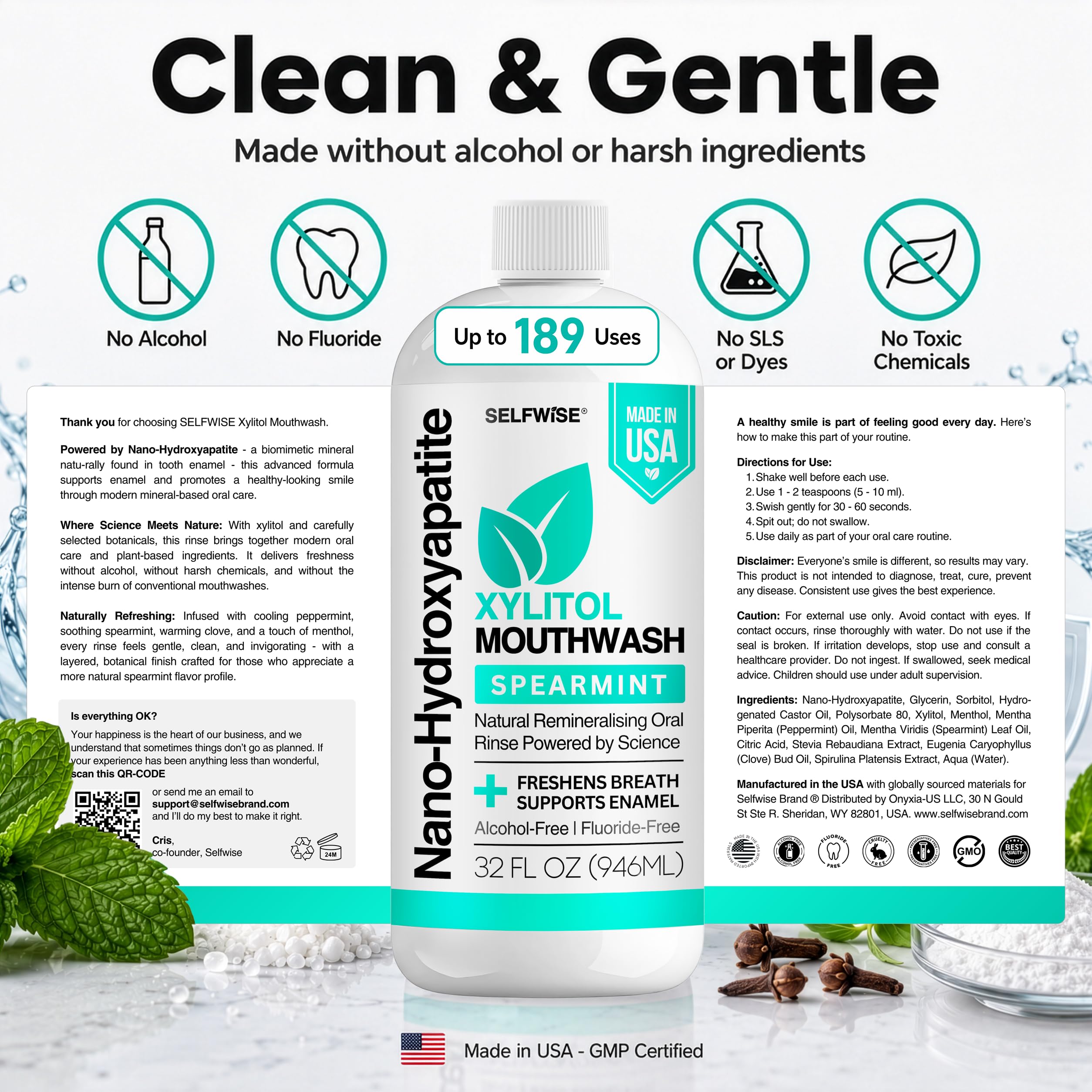 SELFWISE 32 oz xylitol mouthwash clean and gentle formula and directions