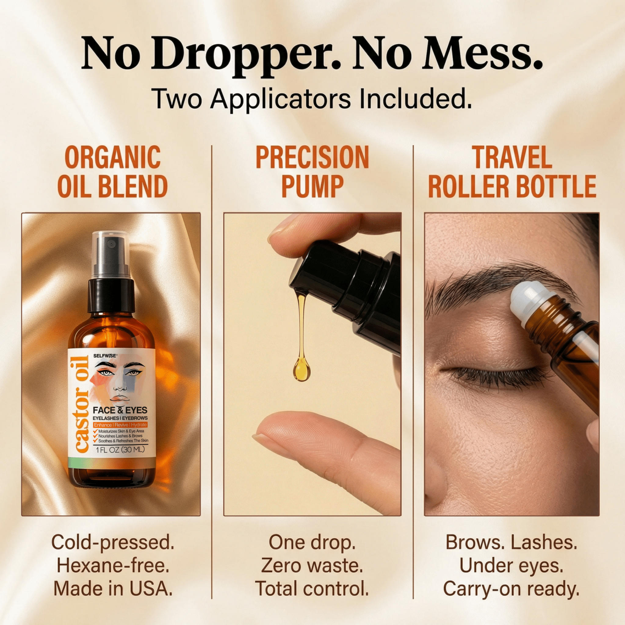 Organic Castor Oil for Face with Roller - Pump & Roller Set for Brows, Lashes & Under - Eye - Facial Oil - Selfwise