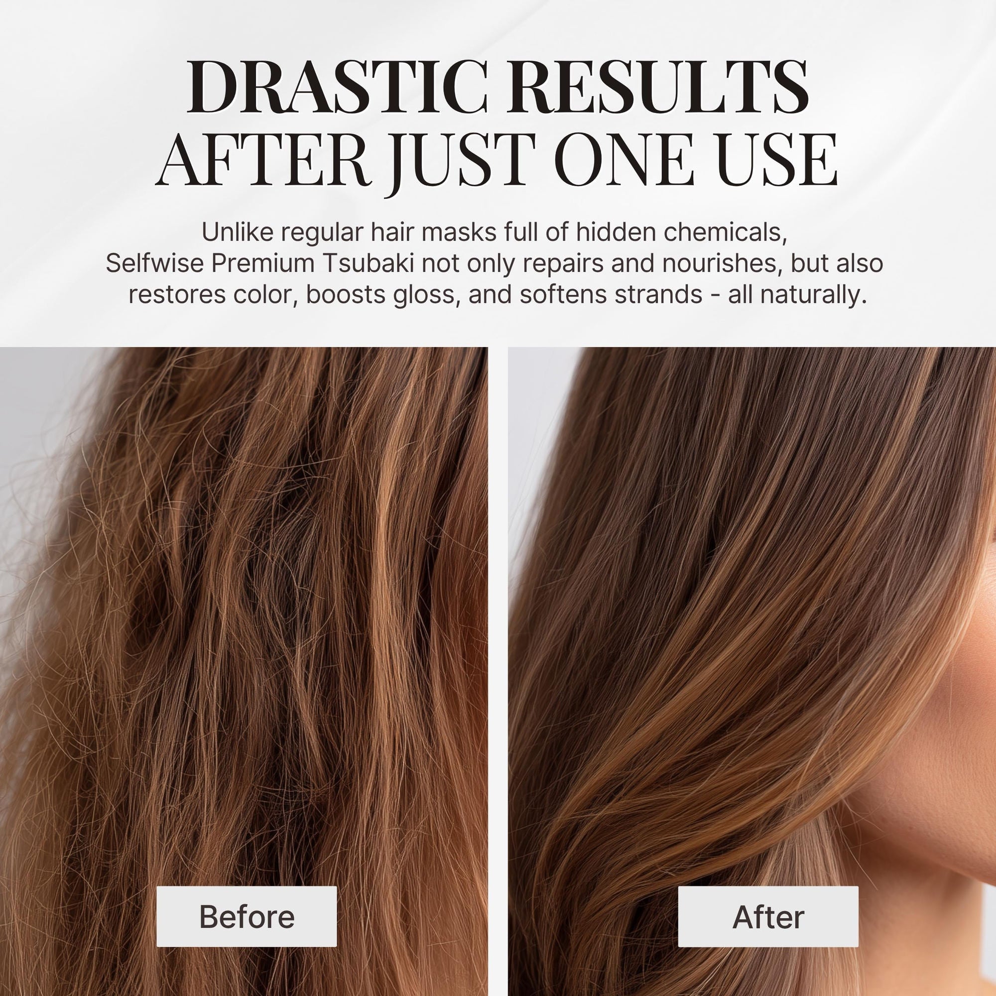 Tsubaki Hair Mask before-and-after hair appearance comparison